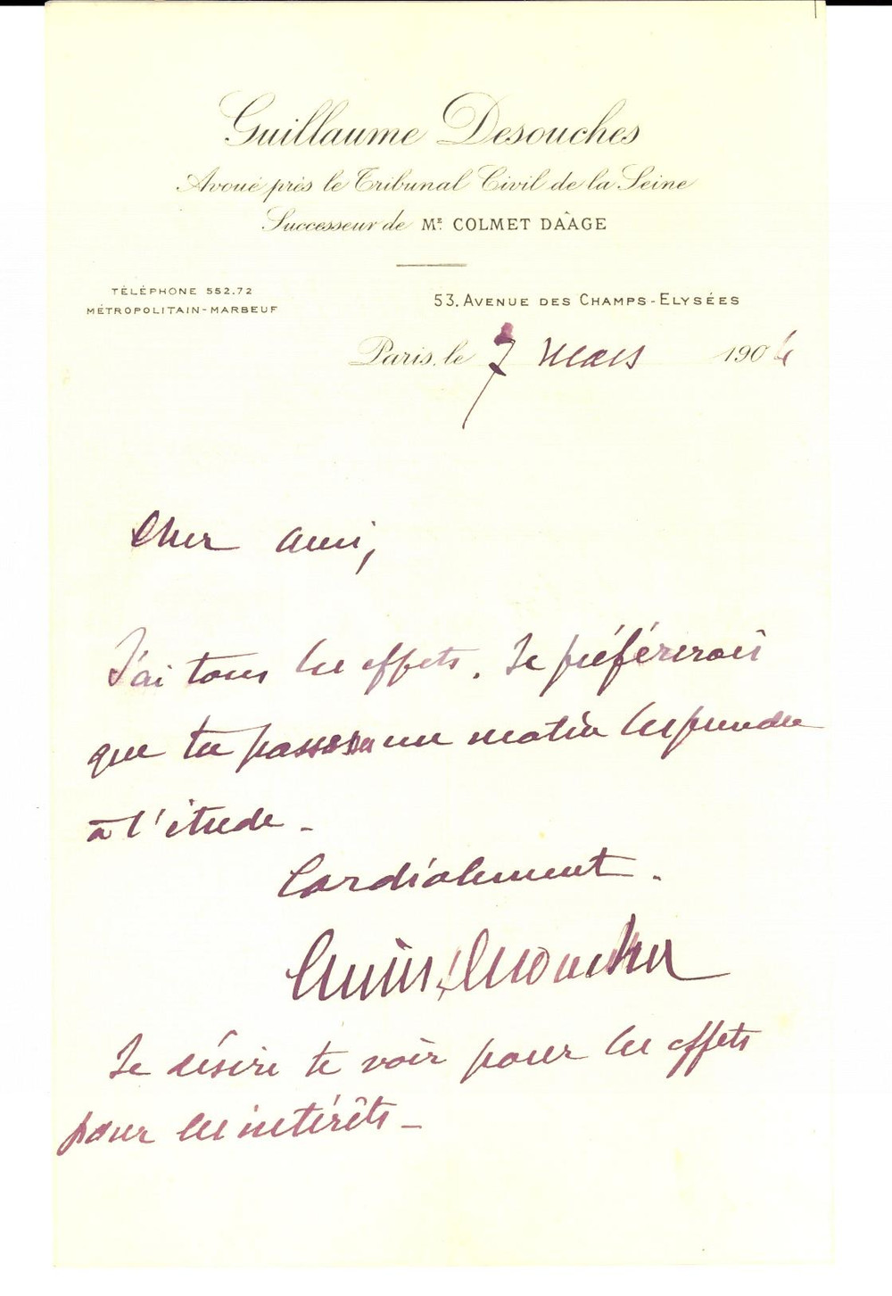 Autografo originale 1904 PARIS Lettre avocat Guillaume DESOUCHES AUTOGRAPH 1