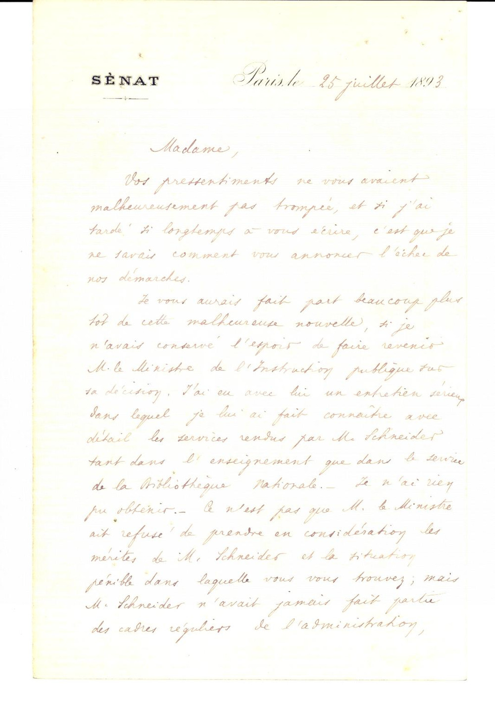 Autografo originale 1893 PARIS SENAT EugÃ¨ne de ROZIERES pour M. Schneider AUTOGRAPHE 1