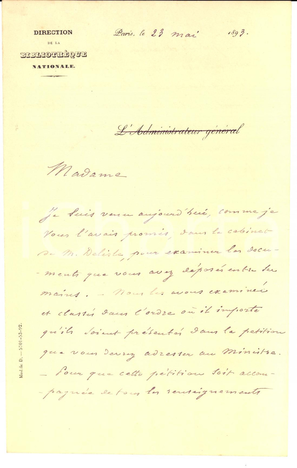 Autografo originale 1893 BNF PARIS EugÃ¨ne de ROZIERES pour M. Schneider AUTOGRAPHE 1