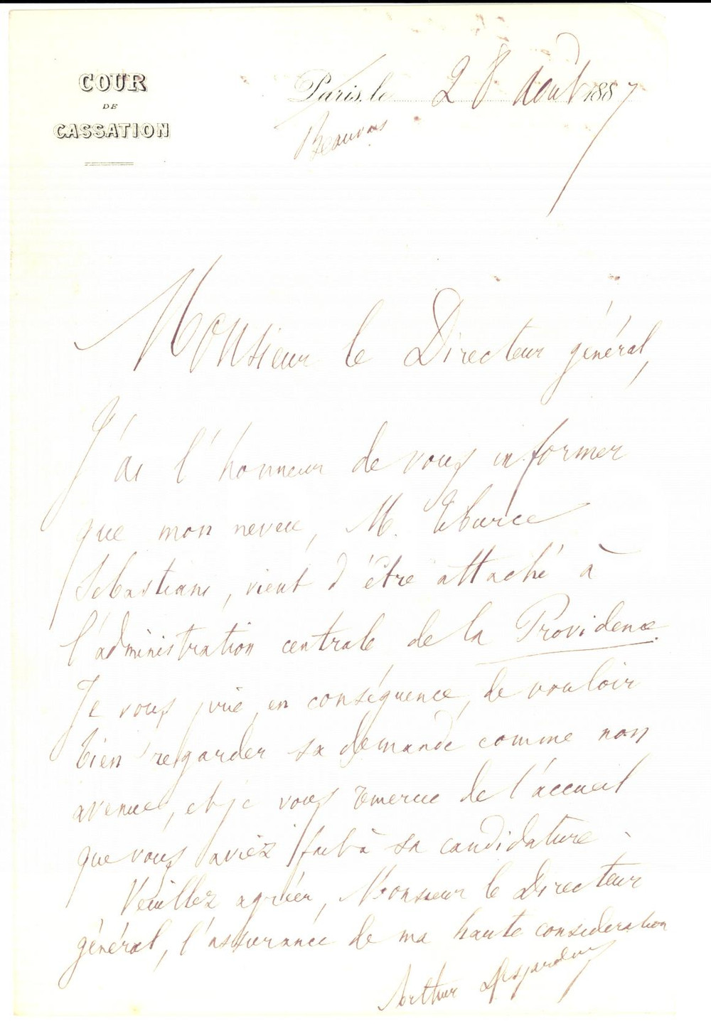 Autografo originale 1887 PARIS Arthur DESJARDINS raccomanda TIBURCE SEBASTIANI Autograph 1