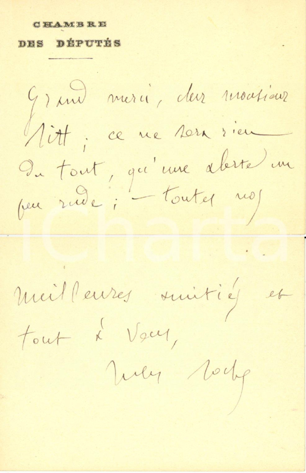 Autografo originale 1890 PARIS Carte ministre Jules ROCHE Chambre des DEPUTES Autographe 1