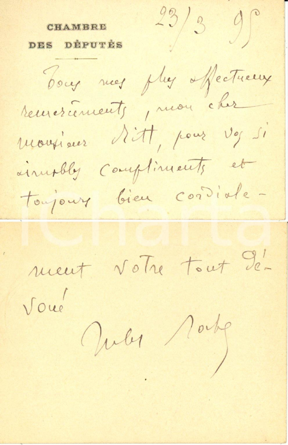 Autografo originale 1895 PARIS Carte ministre Jules ROCHE Chambre des DEPUTES Autographe 1