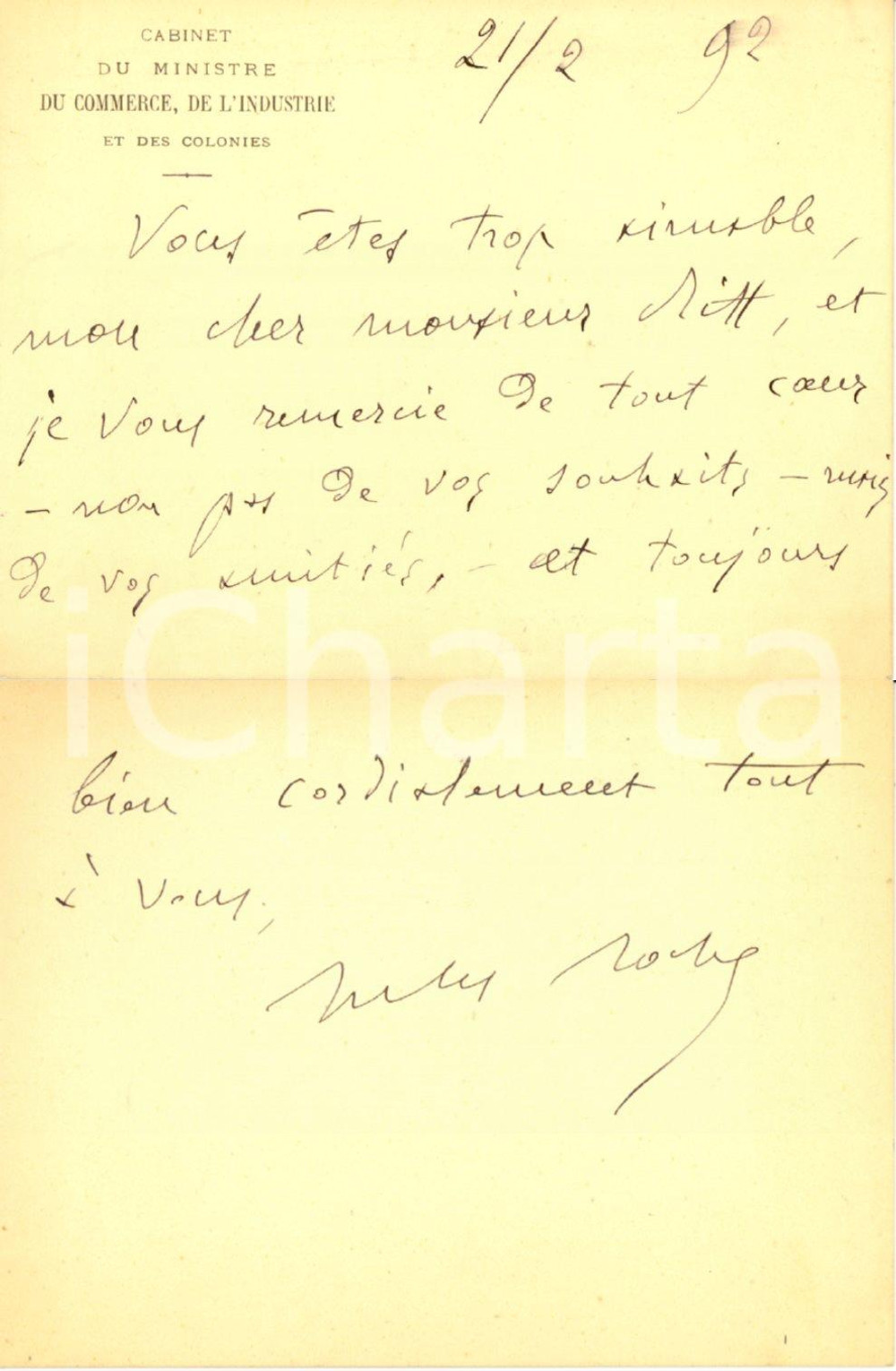 Autografo originale 1892 PARIS Carte Jules ROCHE ministre du Commerce Autographe 1