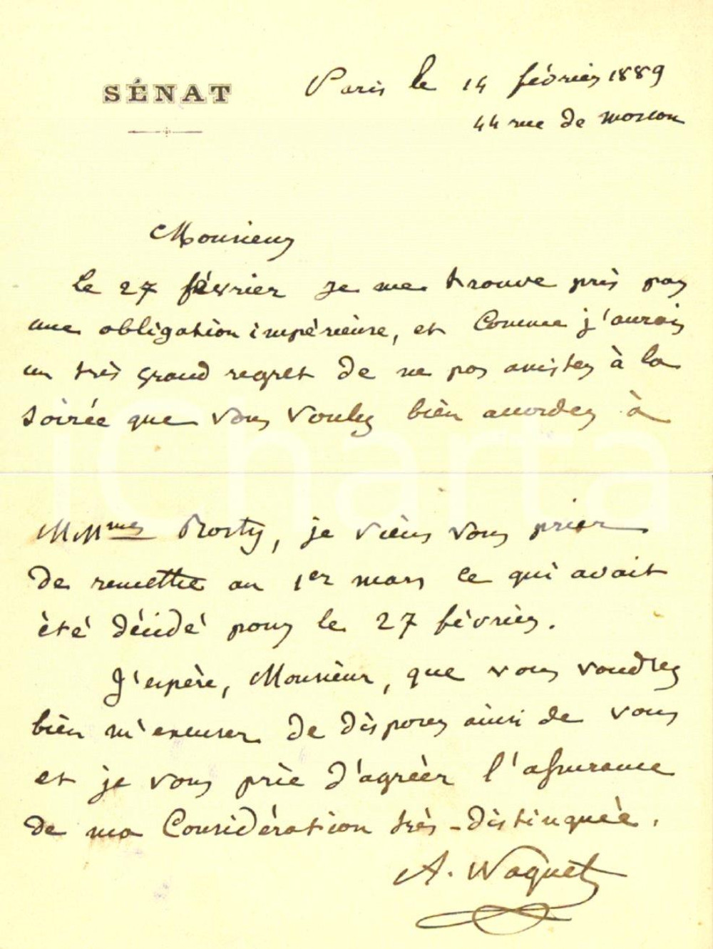 Autografo originale 1889 PARIS Carte de visite sÃ©nateur Alfred NAQUET AUTOGRAPHE 1