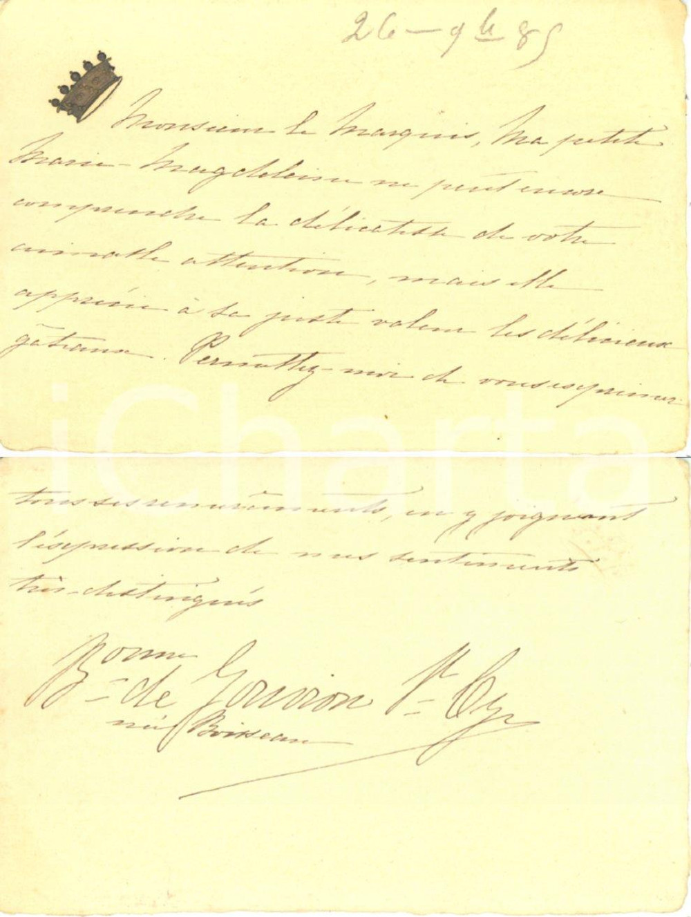 Autografo originale 1885 PARIS Comtesse Marie BOISSEAU DE GOUVIONSAINT CYR  Autographe 1