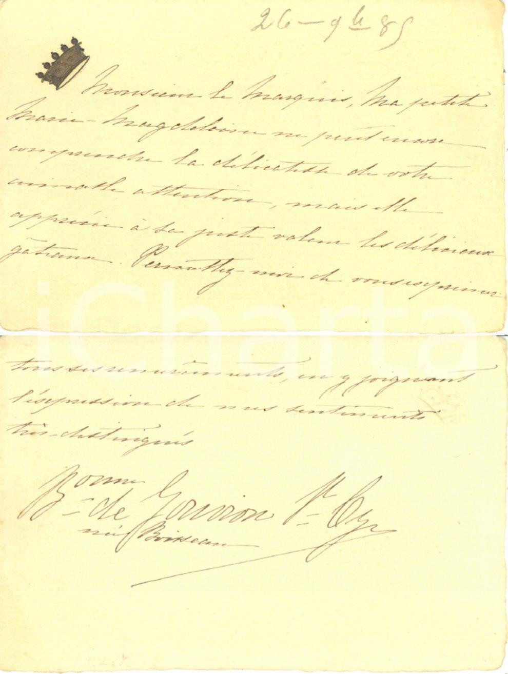 Autografo originale 1885 PARIS Comtesse Marie BOISSEAU DE GOUVIONSAINT CYR  Autographe 1