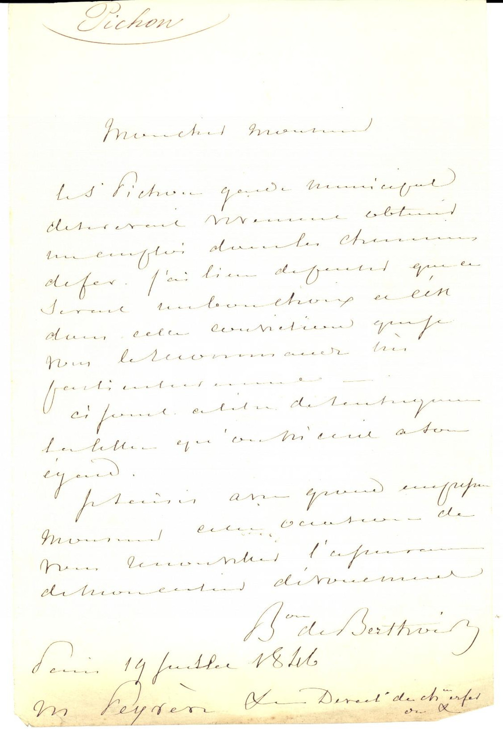 Autografo originale 1846 PARIS Auguste de BERTHOIS Ã  PEYRERE Chemins de fer MIDI AUTOGRAPH 1