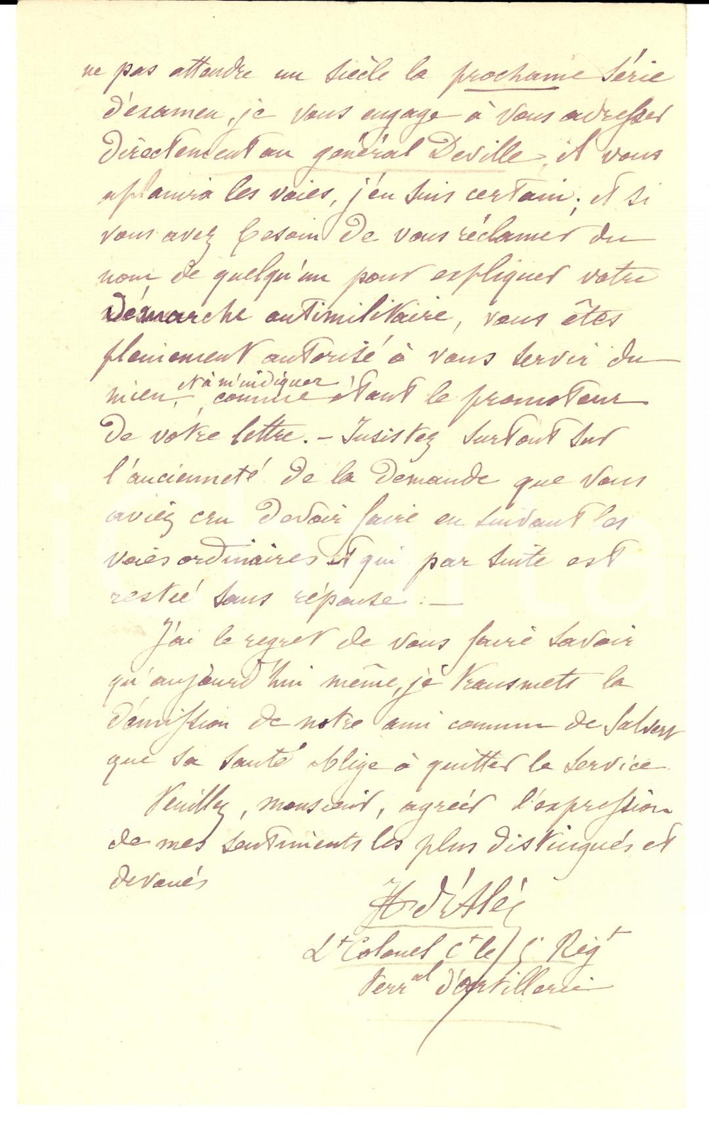 Autografo originale 1878 ORLEANS Hugues Charles Henry D ALÃˆS DE CORBET colonel artillerie AUTOGRAPH 1