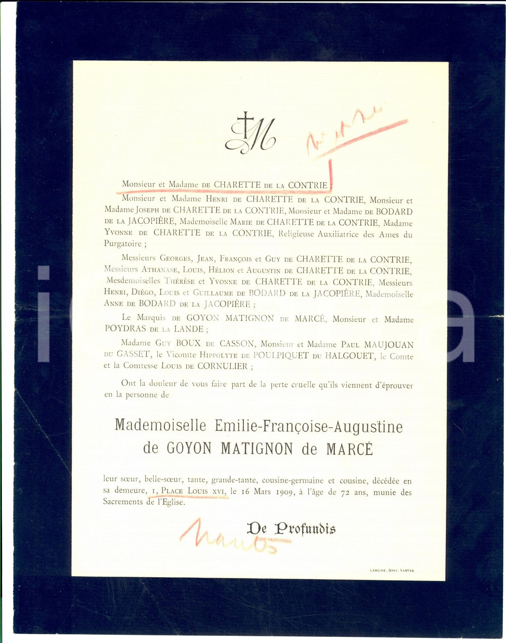 Documento originale, autentico 1909 NANTES Annuncio morte nobile Emilie FranÃ§oise DE GOYON MATIGNON DE MARCE 1