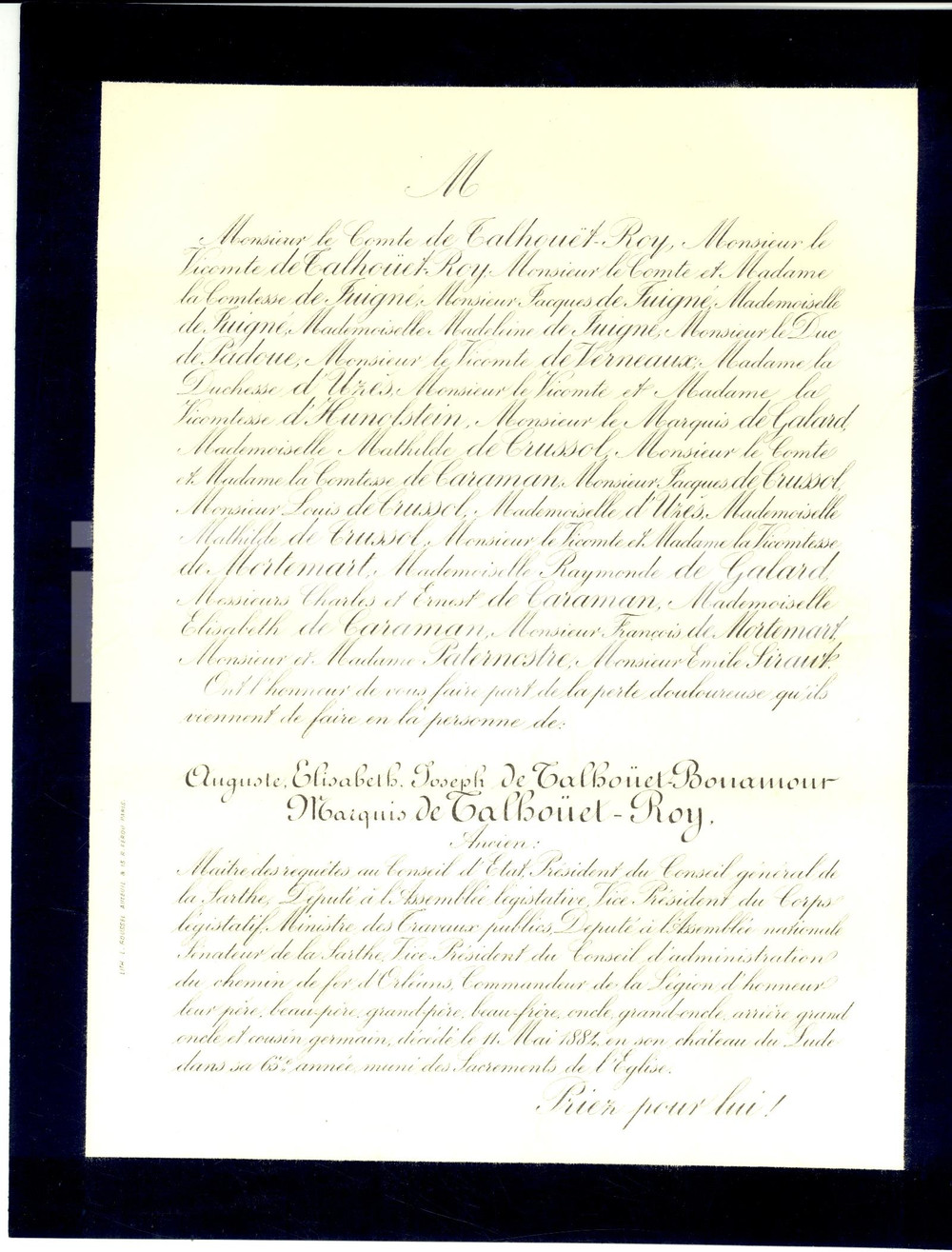 Documento originale, autentico 1884 Chateau de LUDE LOIRE Annonce mort ministre Auguste DE TALHOUETROY 1
