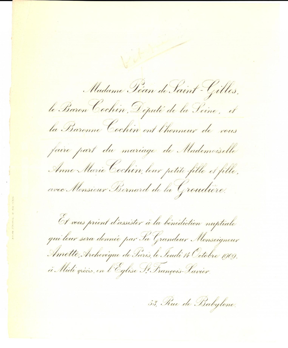 Documento originale, autentico 1909 PARIGI Matrimonio baronessa AnneMarie COCHIN  Bernard de la GROUDIERE 1