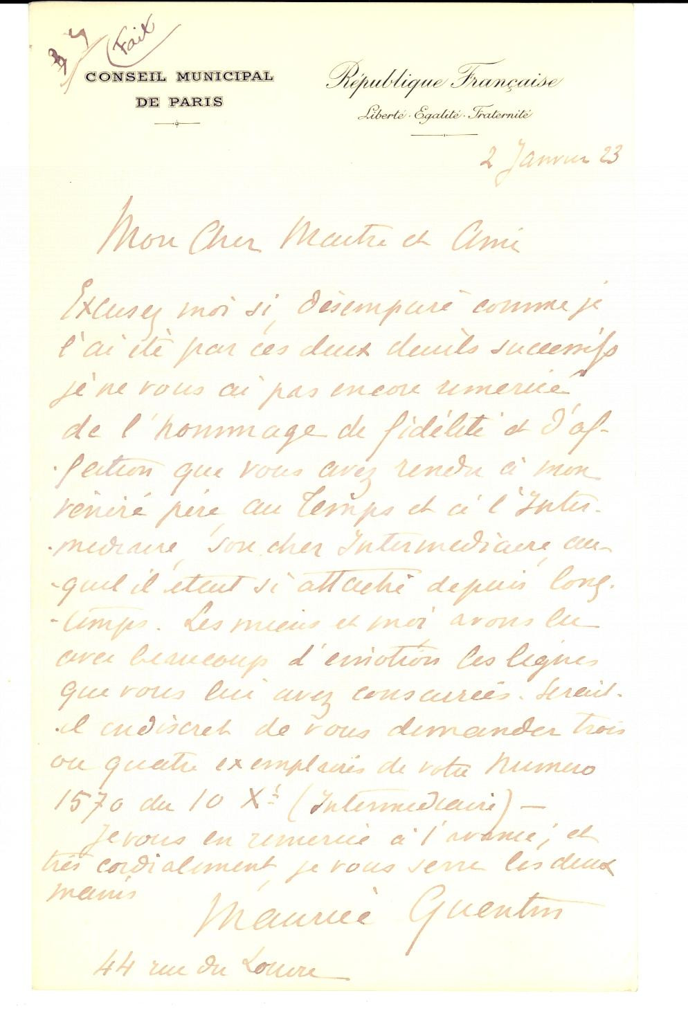 Autografo originale 1923 PARIS Conseil Municipal Lettre Maurice QUENTIN hommage au pÃ¨reAutograph 1