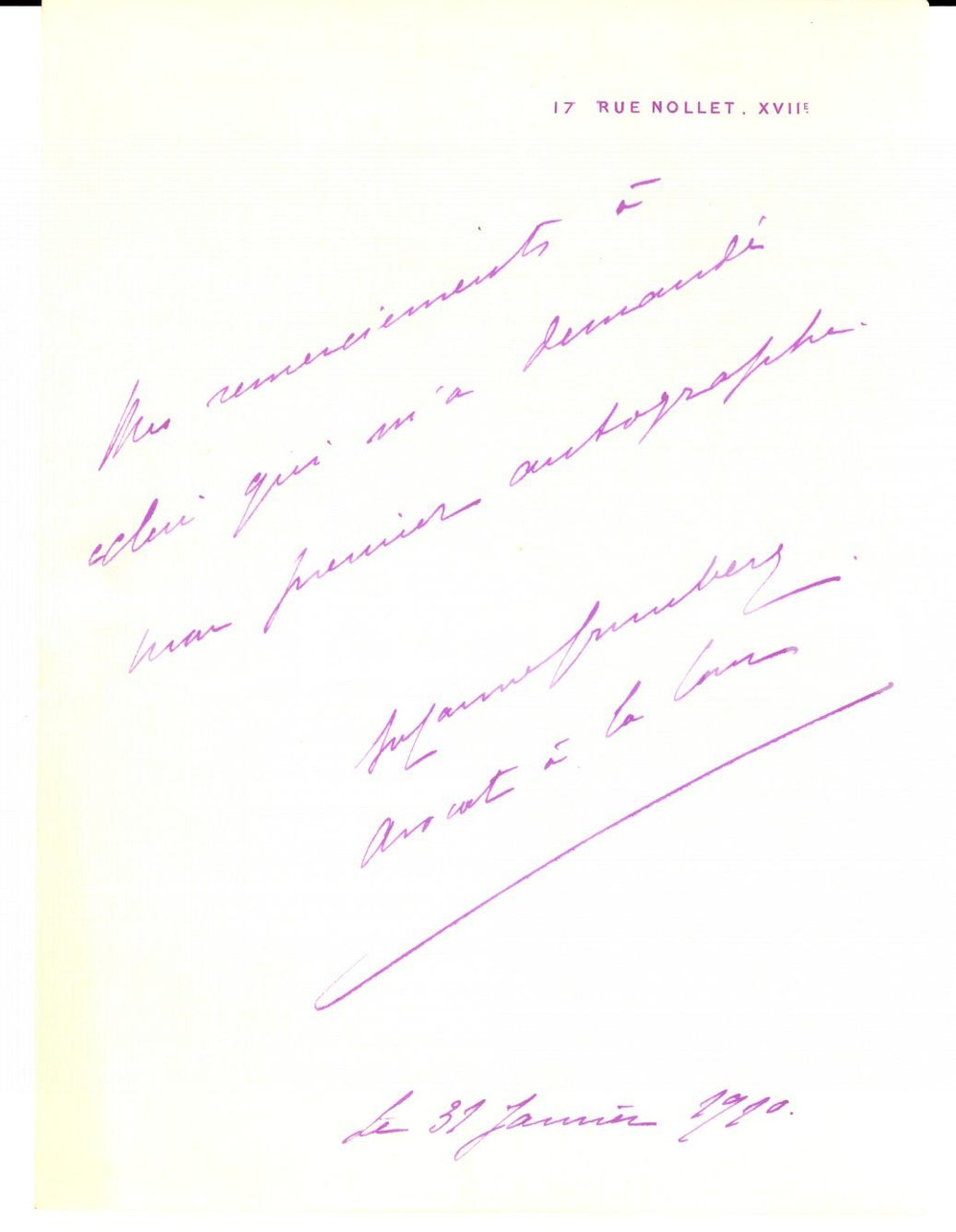 Documento originale, autentico 1920 PARIS Suzanne GRUNBERG avocat  remercie pour son premier autographe 1