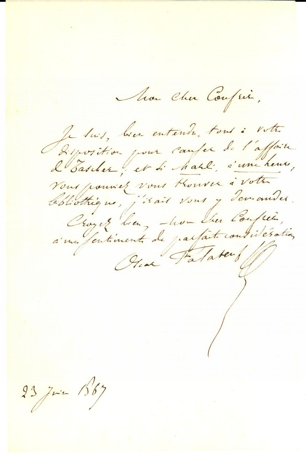 Autografo originale 1867 PARIS Batonnier Oscar FALATEUF discute de l affaire TASCHER Autographe 1
