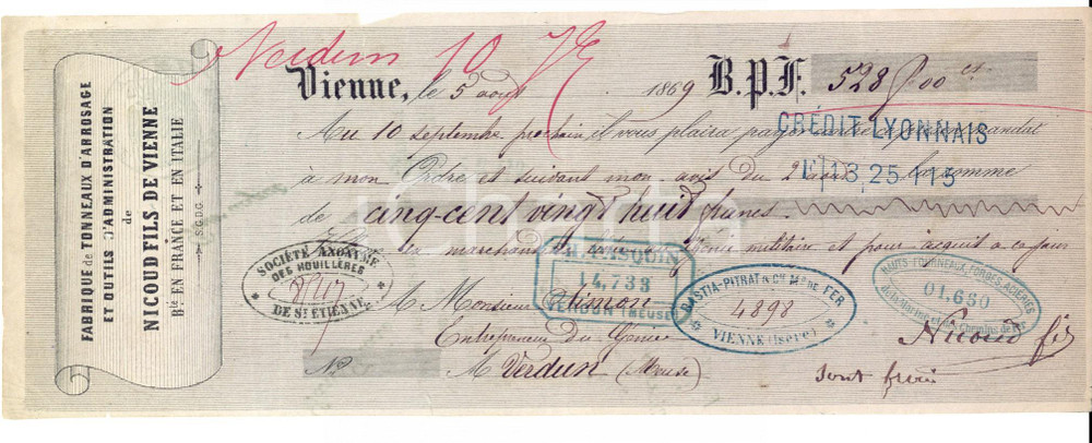 Oggetto da collezione cartaceo 1869 VIENNE F Fabrique de tonneaux NICOUD FILS Cambiale pubblicitaria 1