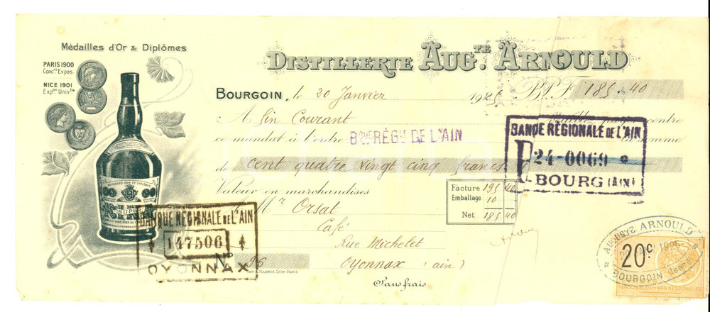 Oggetto da collezione cartaceo 1925 BOURGOIN F Distillerie AUGUSTE ARNOULD Kina super Cambiale pubblicitaria 1