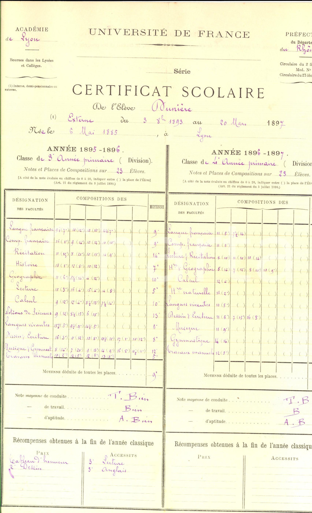 Oggetto da collezione cartaceo 1897 ACADEMIE DE LYON F Pagella dell alunna Alice DUNIERE 25x38 cm 1