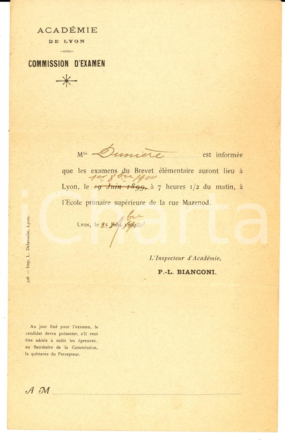 Oggetto da collezione cartaceo 1900 ACADEMIE DE LYON F Convocazione per l esame di licenza elementare 1