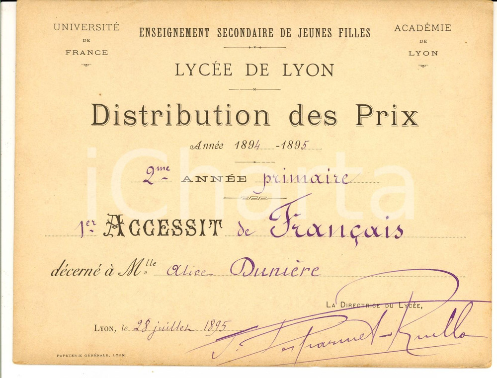 Oggetto da collezione cartaceo 1895 ACADEMIE DE LYON Premio francese Alice DUNIERE Autografo DESPARMETRUELLO 1
