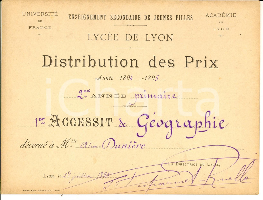 Oggetto da collezione cartaceo 1895 ACADEMIE DE LYON Premio geografia Alice DUNIERE Autografo DESPARMETRUELLO 1