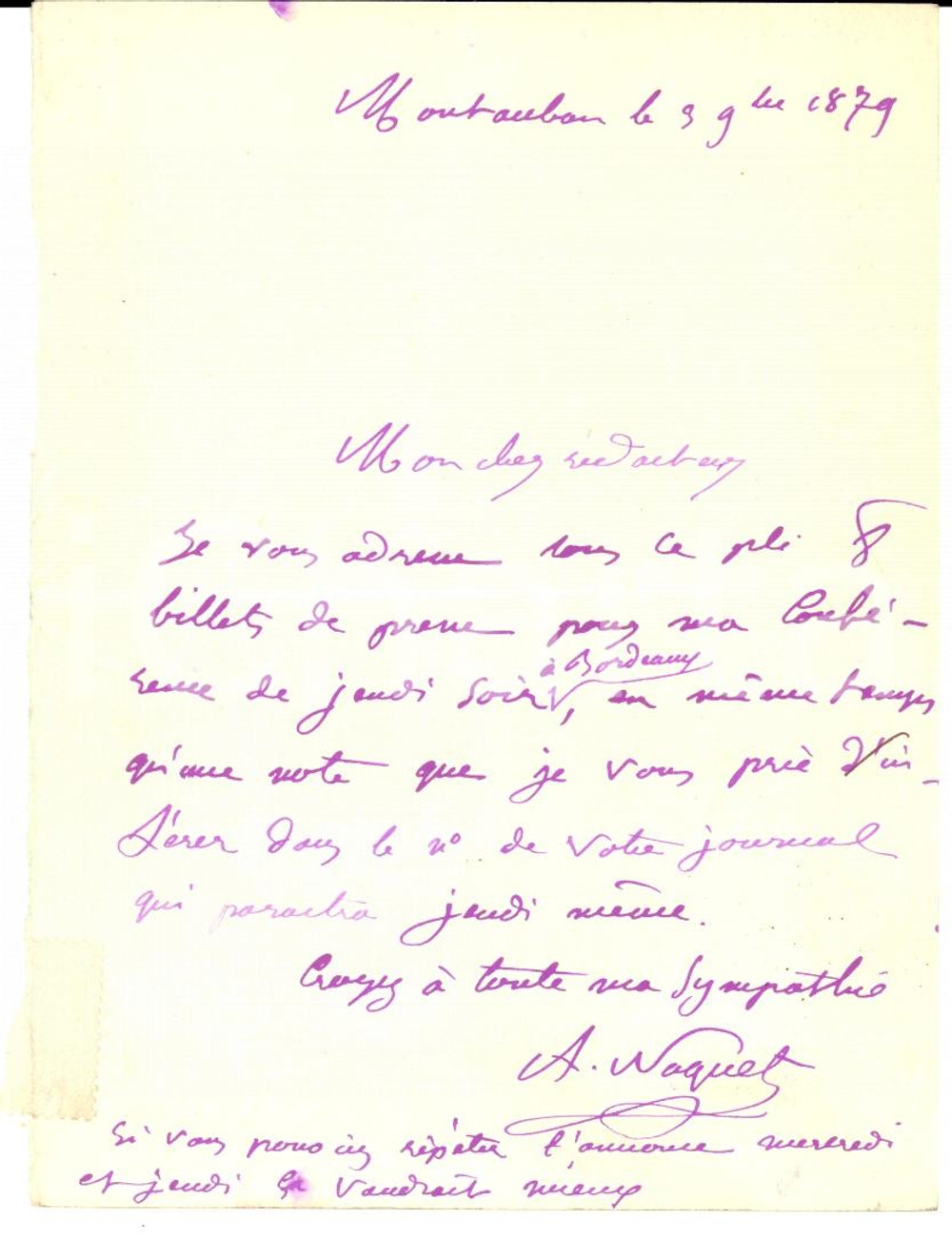 Autografo originale 1879 MONTAUBAN Alfred NAQUET organizza conferenza sul divorzio AUTOGRAPH 1