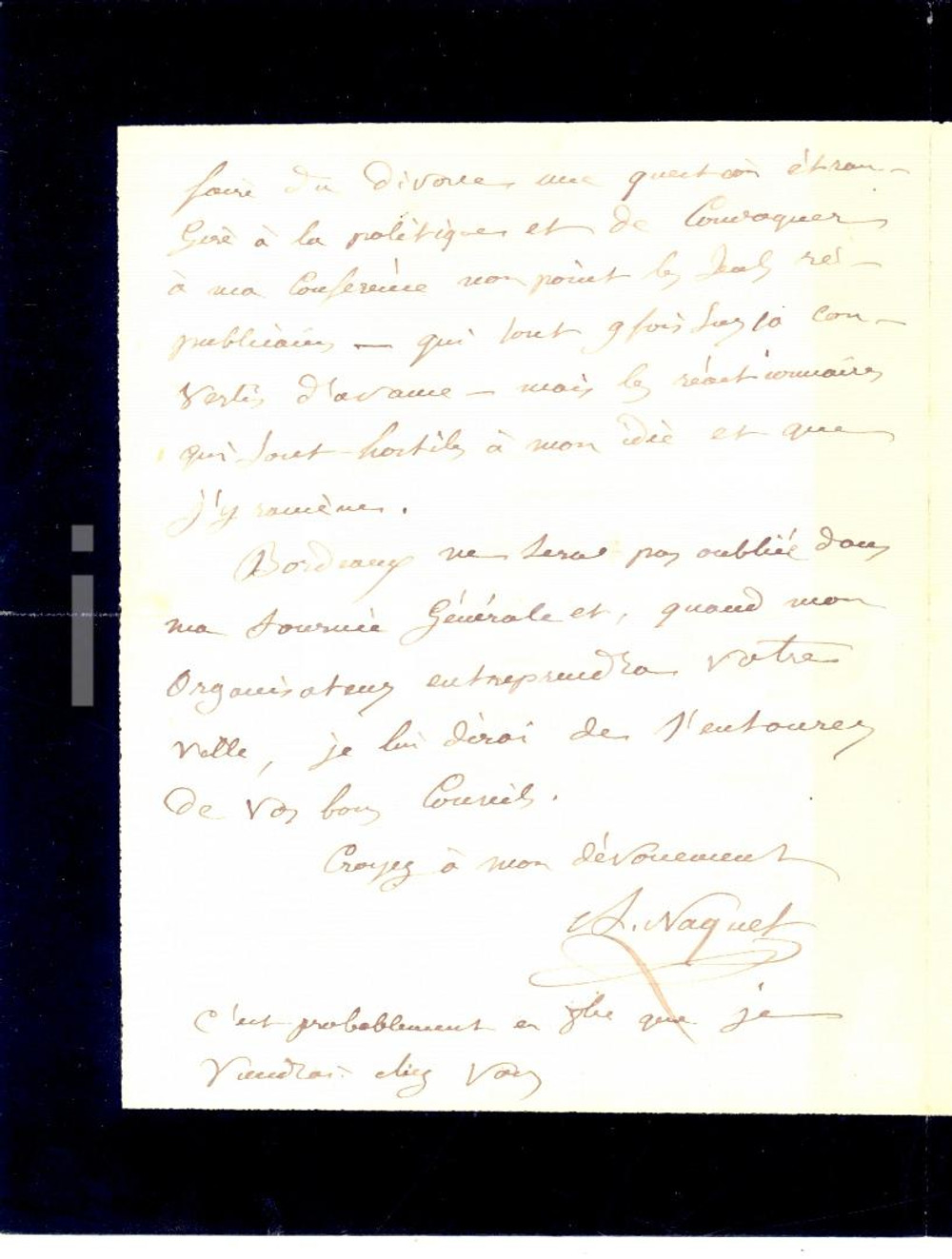 Autografo originale 1879 PARIS Alfred NAQUET lotta per il divorzio in tutta la Francia AUTOGRAPH 1