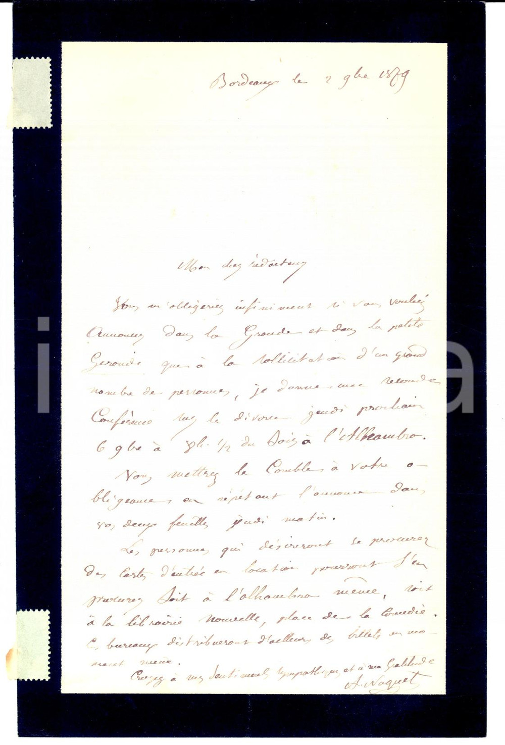 Autografo originale 1879 BORDEAUX Alfred NAQUET organizza conferenza sul divorzio AUTOGRAPH 1