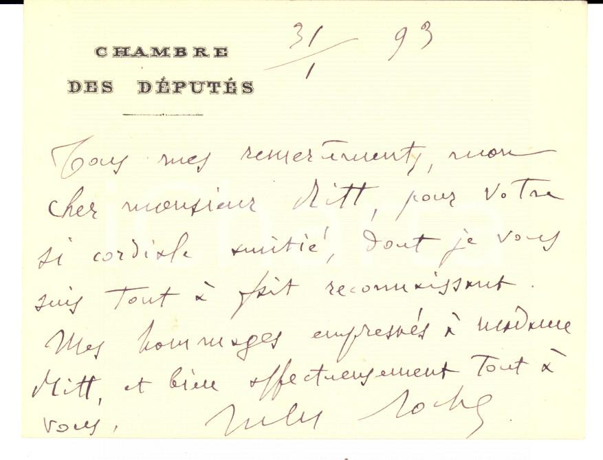 Autografo originale 1893 PARIS Carte ministre Jules ROCHE Chambre des DEPUTES Autographe 1