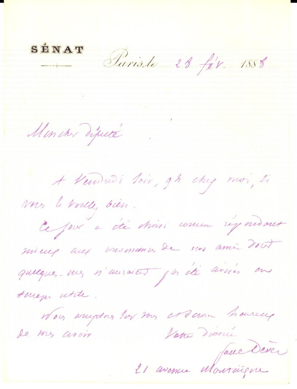 Autografo originale 1888 PARIS SÃ©nateur Paul DEVES Ã  un ami dÃ©putat AUTOGRAPHE 1