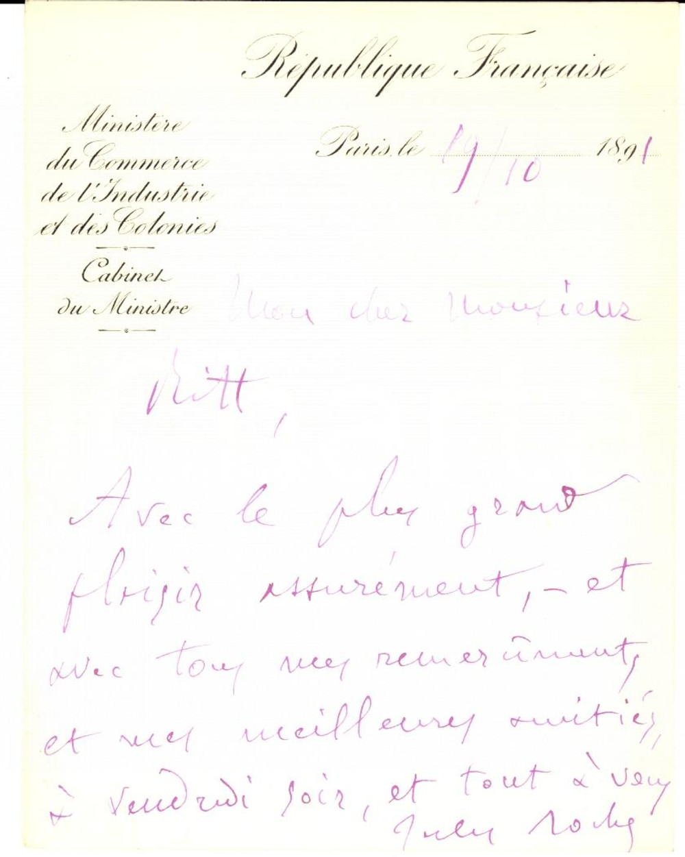 Autografo originale 1891 PARIS Ministro Jules ROCHE accetta un invito  Autografo 1