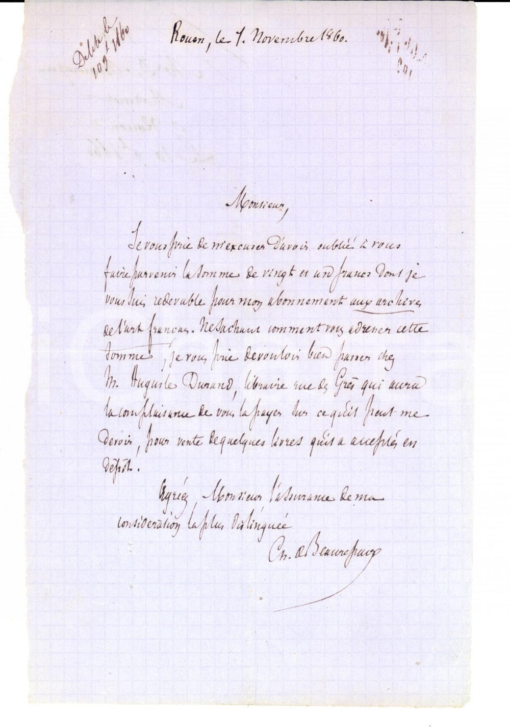 Autografo originale 1860 ROUEN Lettre Charles de ROBILLARD DE BEAUREPAIRE AUTOGRAPH 1