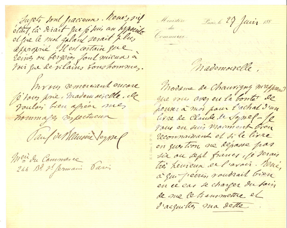 Autografo originale 1880 PARIS Funzionario Paul BEAUSIRE DE SEYSSEL scapolo incallito AUTOGRAPH 1