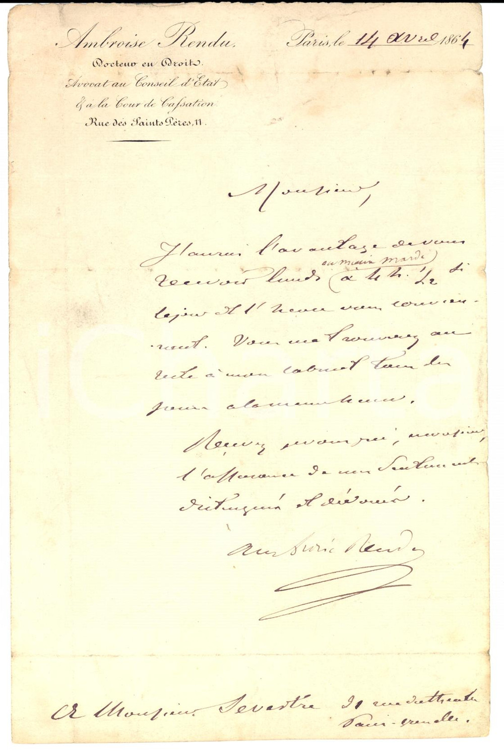 Autografo originale 1864 PARIS Lettre Ambroise RENDU avocat Conseil d Etat Autographe 1