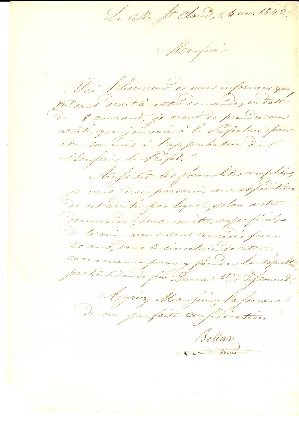 Autografo originale 1842 LA CELLE SAINTCLOUD Maire JeanCharles BELLAN sur sÃ©pulture Autographe 1