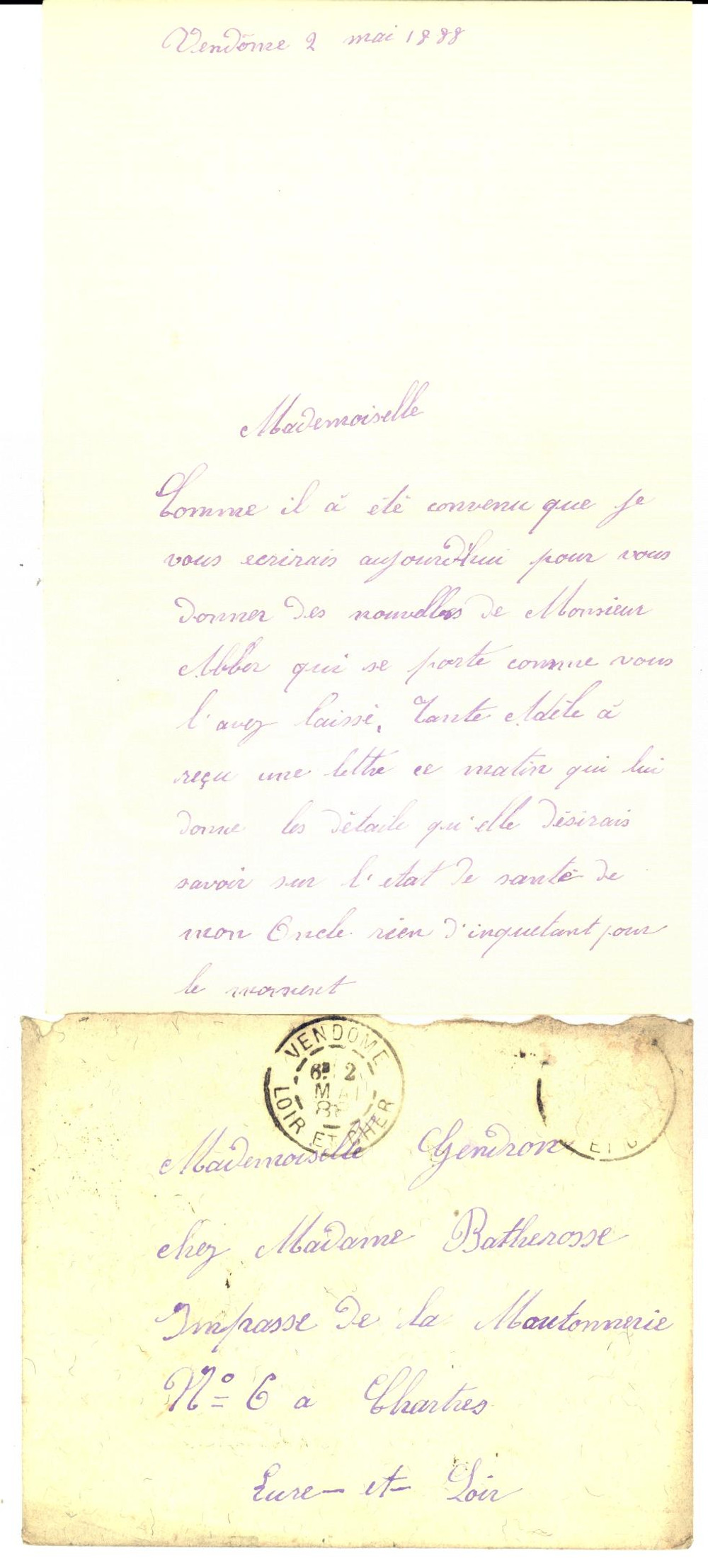 Manoscritto, lettera originale 1888 VENDOME LOIRE Noble AdÃ¨le VIVET Ã  Gabrielle GENDRON  Autographe 1