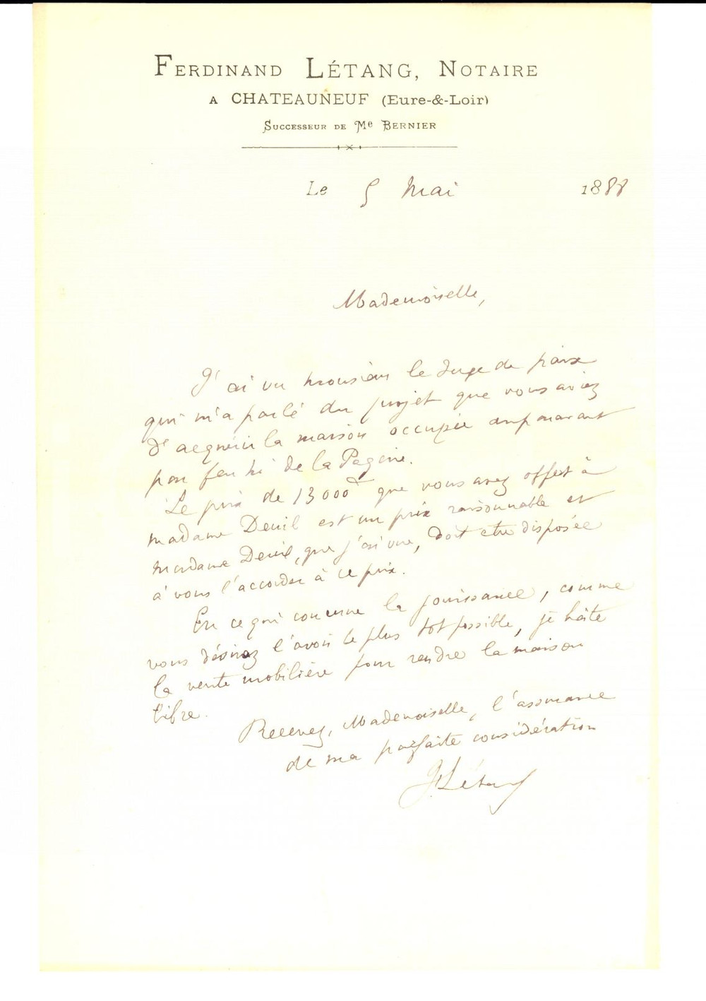 Manoscritto, lettera originale 1888 CHATEAUNEUF LOIRE Notaire Ferdinand LETANG Ã  Gabrielle GENDRON Autographe 1