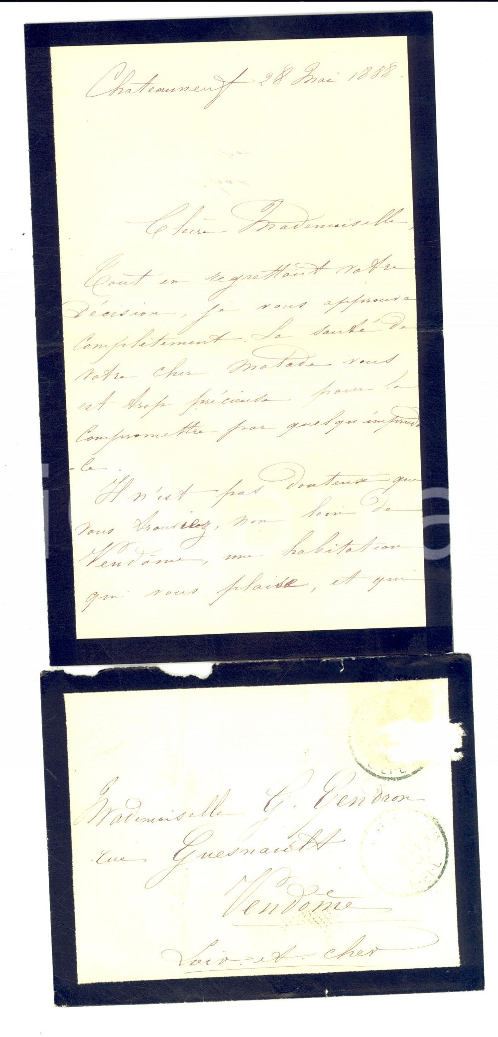 Manoscritto, lettera originale 1888 CHATEAUNEUF LOIRE Gabrielle GENDRON rifuta casa madame DEUIL Lettera 1