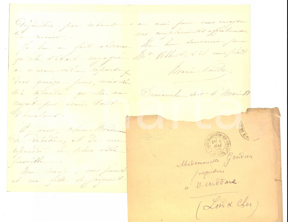 Manoscritto, lettera originale 1888 CHATEAUNEUF LOIRE F Vendita casa DEUIL a Gabrielle GENDRON Lettera 1