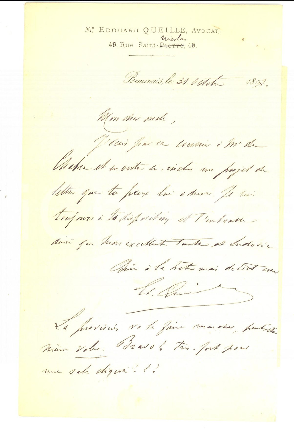 Autografo originale 1893 BEAUVAIS Edouard QUEILLE lavora con l avvocato DE CHABRE AUTOGRAPH 1