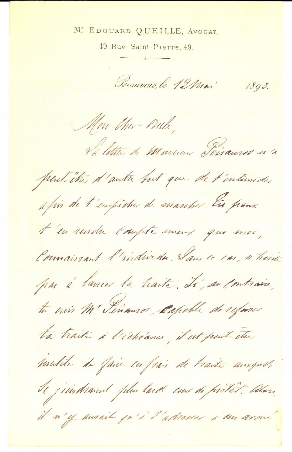 Autografo originale 1893 BEAUVAIS Edouard QUEILLE consiglia lo zio AUTOGRAFO 1