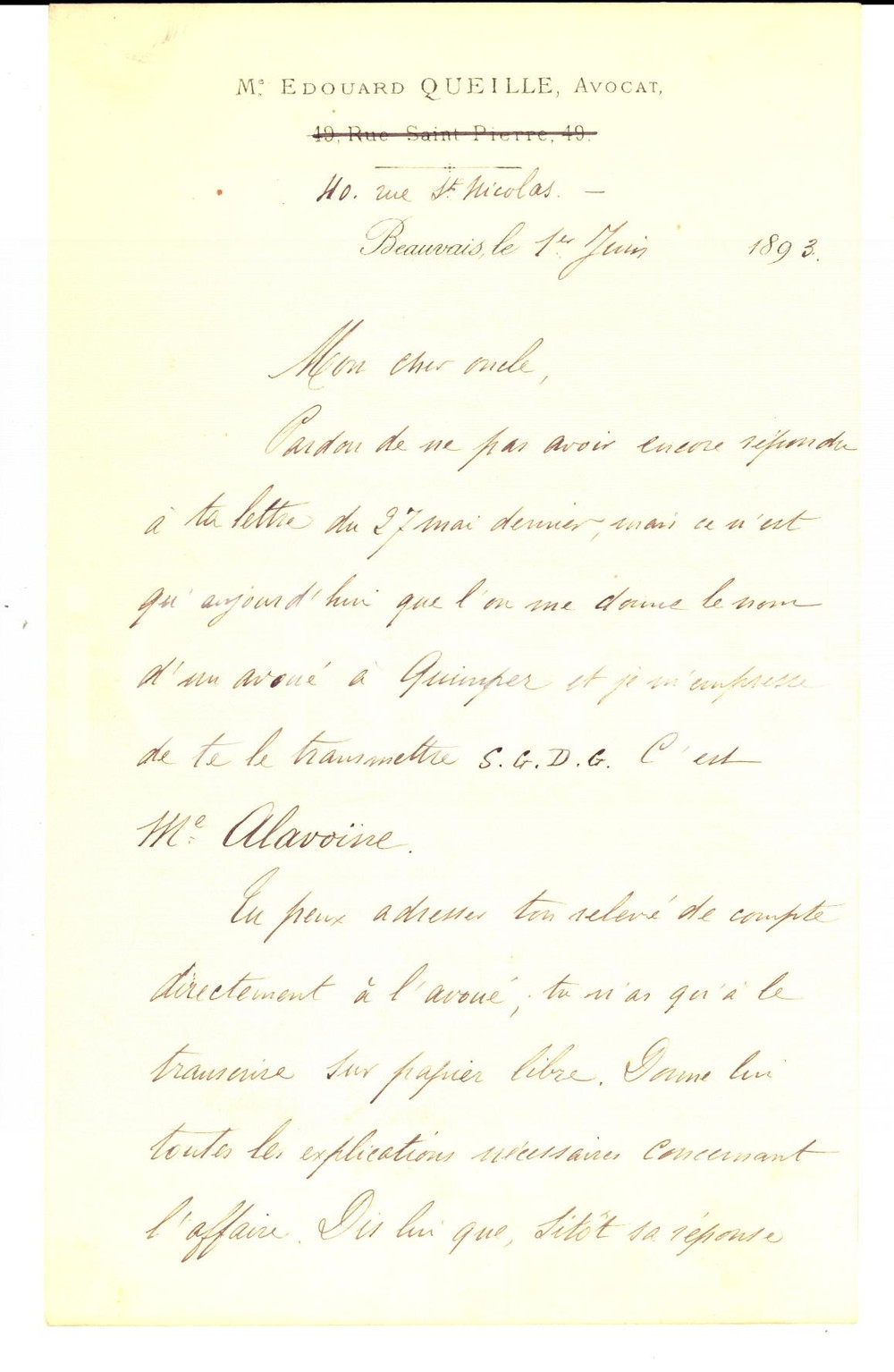 Autografo originale 1893 BEAUVAIS Edouard QUEILLE consiglia avvocato ALAVOINE di QUIMPER AUTOGRAPH 1