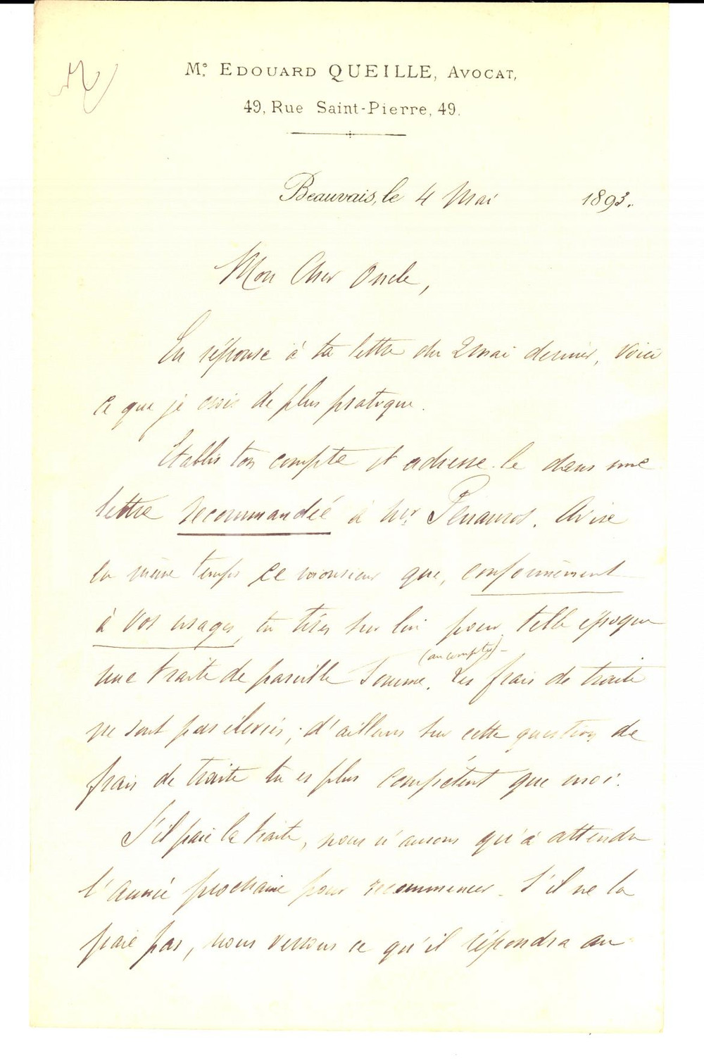 Autografo originale 1893 BEAUVAIS Avocat Edouard QUEILLE sur le paiement d une traite AUTOGRAPH 1