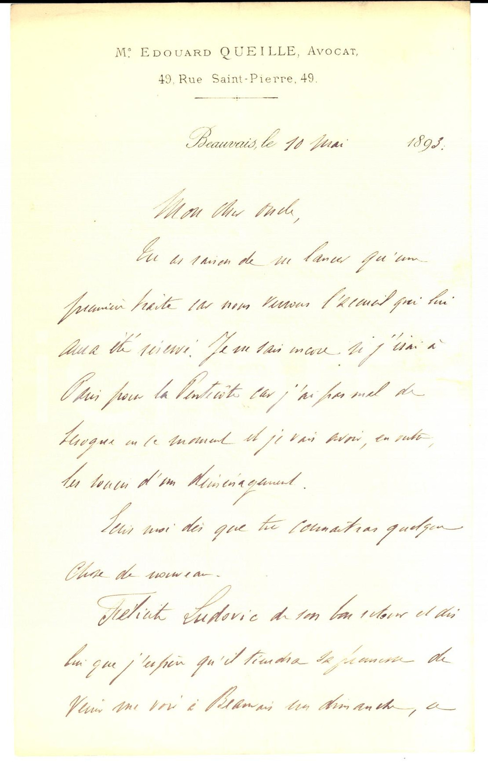 Autografo originale 1893 BEAUVAIS Avocat Edouard QUEILLE Ã  Paris pour la Pentecote AUTOGRAPH 1