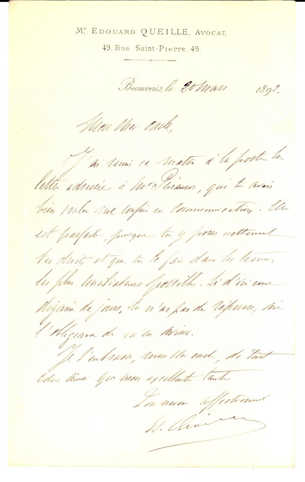 Autografo originale 1893 BEAUVAIS F Avocat Edouard QUEILLE dÃ©fend son oncle AUTOGRAPH 1