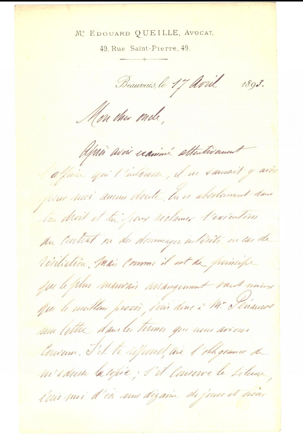 Autografo originale 1893 BEAUVAIS Lettre avocat Edouard QUEILLE Ã  son oncle AUTOGRAPH 1