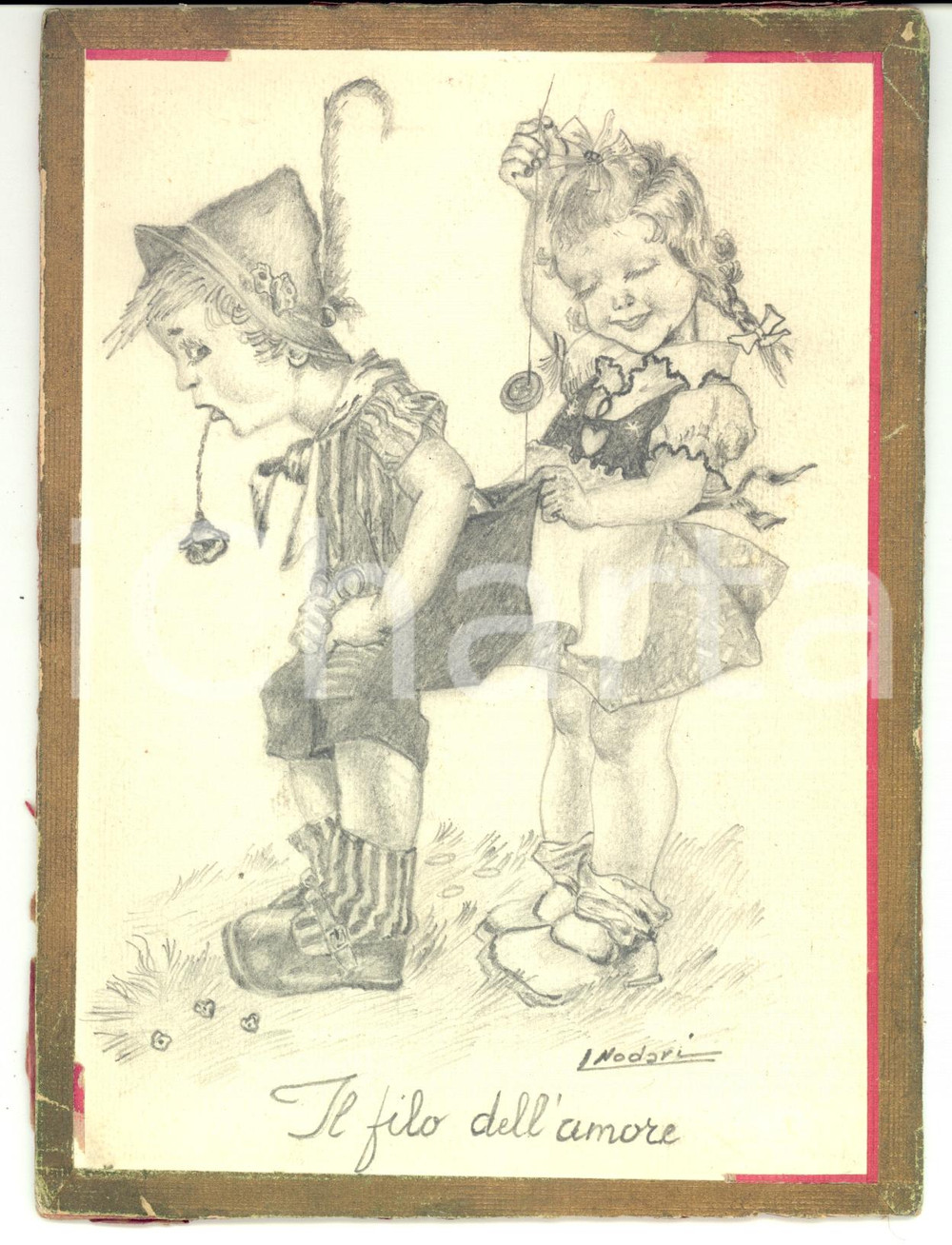 Stampa, bozzetto originale 1951 Il filo dell amore Disegno illustratore NODARI AUTOGRAFO 1