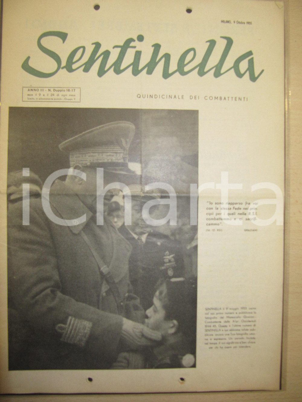 Giornale, rivista storica 1953 SENTINELLA Quindicinale combattenti ex RSI   Anno I nÂ° 1617 Rivista 1