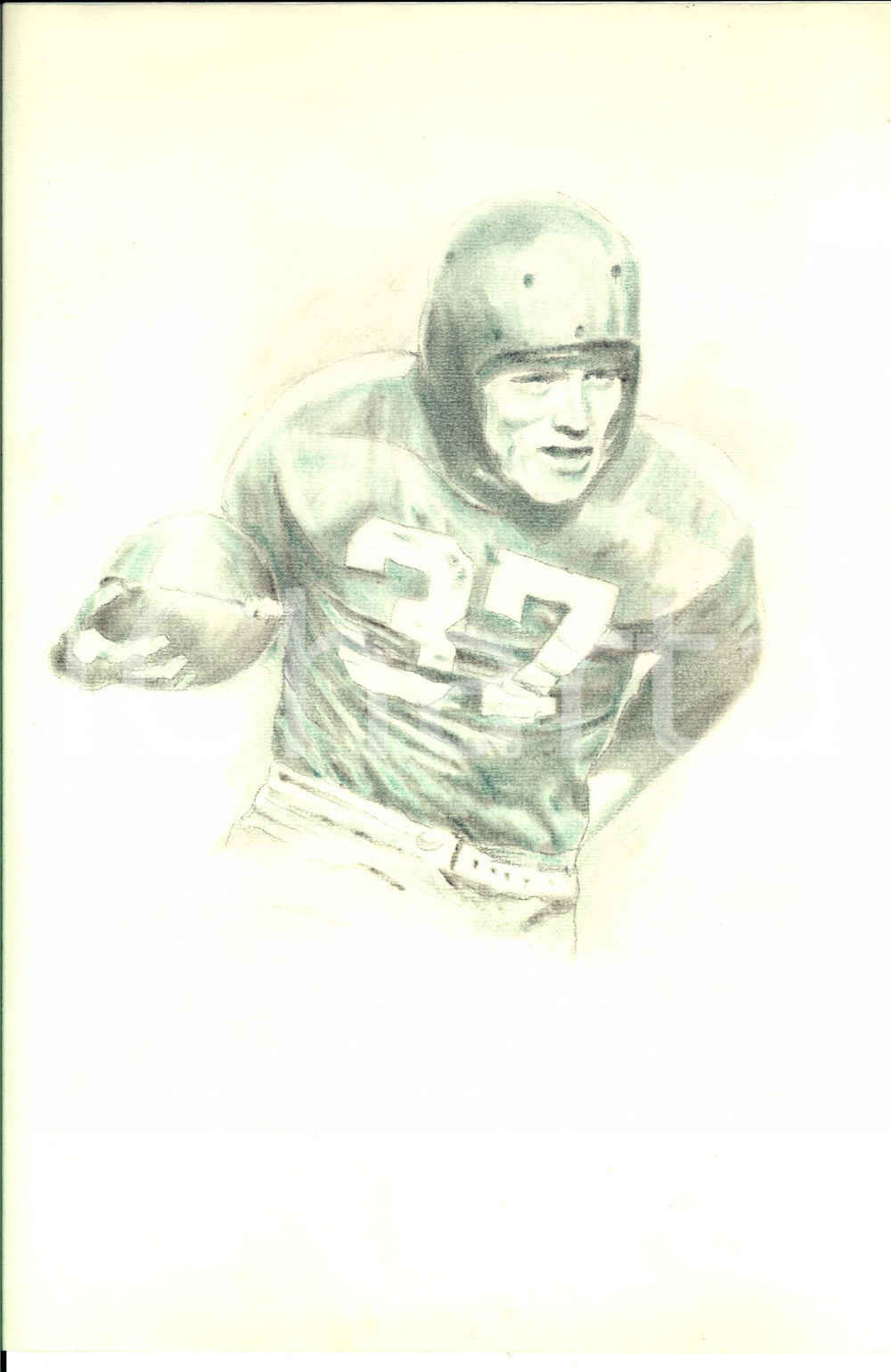 Stampa, bozzetto originale 1950 ca SPORT RUGBY Giocatore all attacco Disegno pastello su carta 1