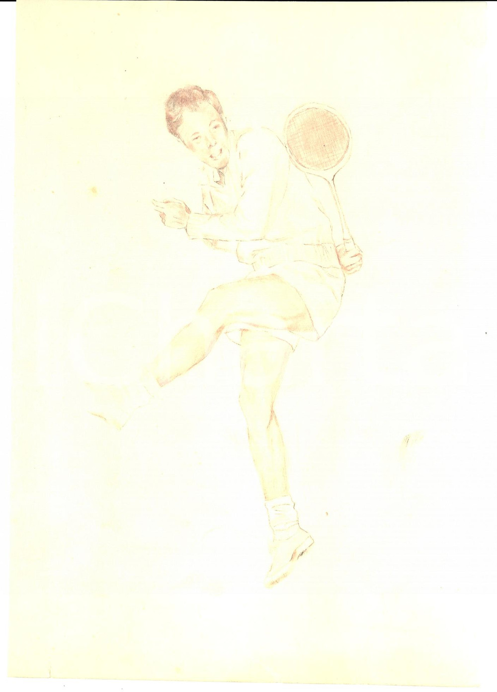 Stampa, bozzetto originale 1950 ca SPORT TENNIS Giocatore in gara Disegno pastello su carta 1