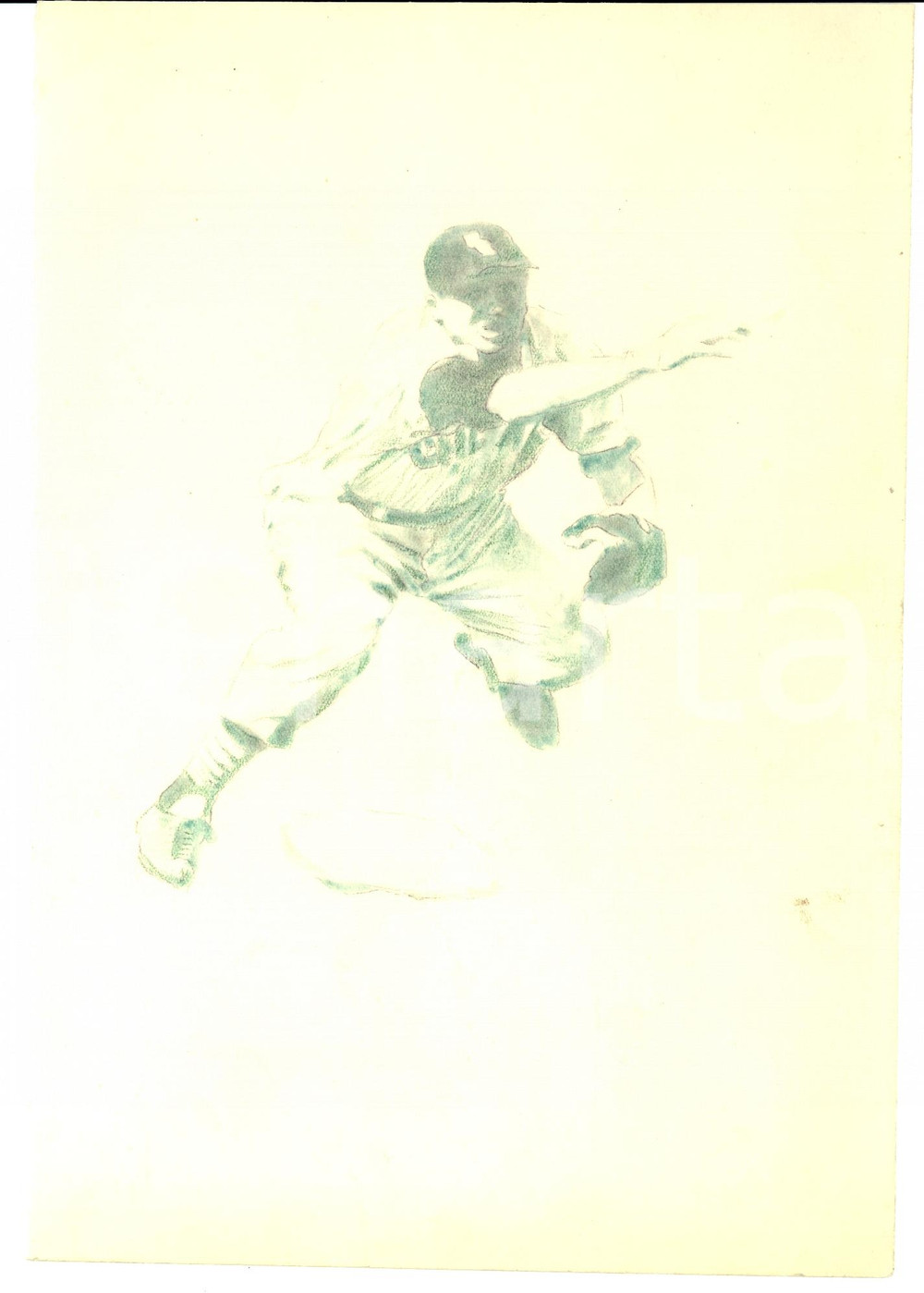 Stampa, bozzetto originale 1950 ca SPORT BASEBALL Catcher di prima base Disegno pastello su carta 1